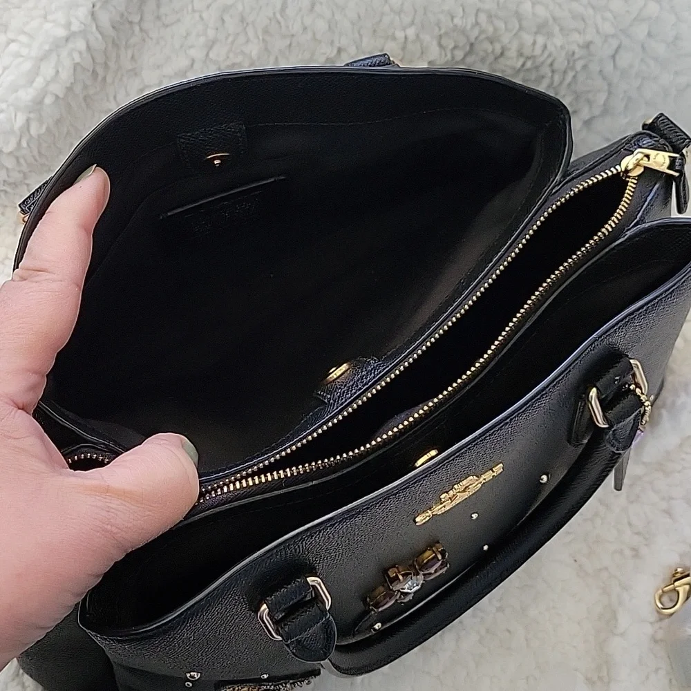 Coach Carryall Bag Black Pebble leather with embroidery Bee and Crystal Flowers - Picture 4 of 7